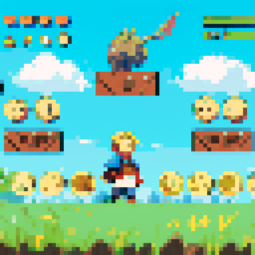 Game world, low angle side view, flying grass, blue sky with clouds