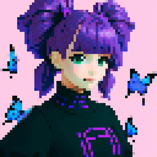 Girl with purple hair and purple butterflies flying around her