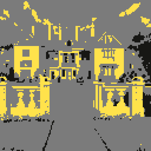 Suburban mansion, front view, symmetrical design, towering structure, pixelated windows, pristine lawn, straight path to door, low-resolution details, sRGB color palette