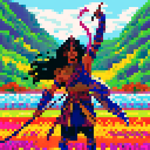 Arjuna, fierce warrior, with flowing hair, holding a bow, standing tall, in vibrant pixelated glory, surrounded by vivid colors, radiating energy