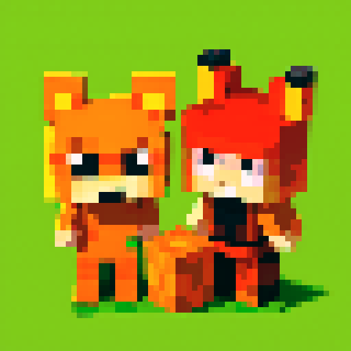 a tomato and a fox warrior in front of a minecraft-y background