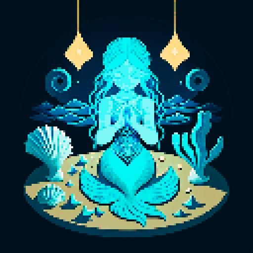 A close-up of a woman's hands over a table during a tarot card reading in a medieval dark style. The table is adorned with elements of the ocean such as sea shells, sand, and small pieces of coral. The atmosphere is mystical and dimly lit, with candlelight casting shadows that enhance the eerie and magical mood. The woman's hands are gracefully poised over the cards, which also have oceanic designs like waves and mermaids.