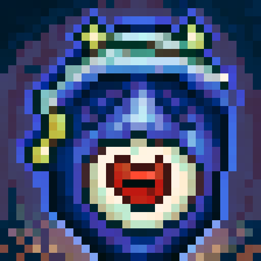 "Create a menacing, pixelated game icon featuring a close-up, skillful portrait of an evil villain with piercing red eyes, sharp fangs, and a sinister grin, set against a blood-red background that exudes a palpable sense of dread."