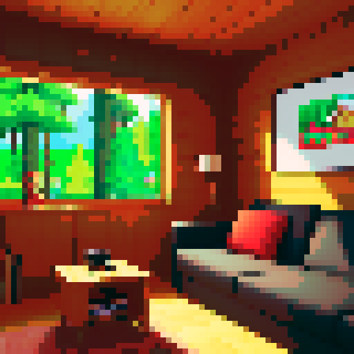 n64 game console in cozy room with the image of a cabin and forest on the screen saying "start"
