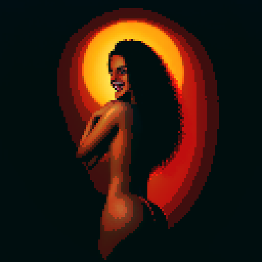 a sexy beautiful model with green eyes, golden wet skin shining, orange sunset light, laying down, coy smile, tanned skin, black wavy shiny hair, 50mm portrait, sun , glamour, soft curves, ass, full wet lips,nude,nsfw,+18,backview,big ass