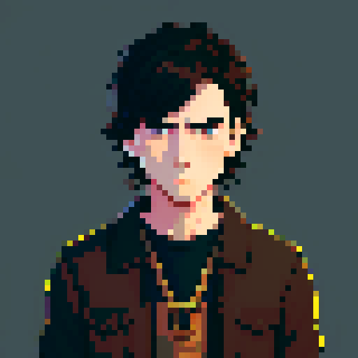 portrait, sprite art, character art, stardew valley, young man, depressed, medium length hair, dark hair, dark eyes, neutral, normal, sad, boring clothes, mysterious