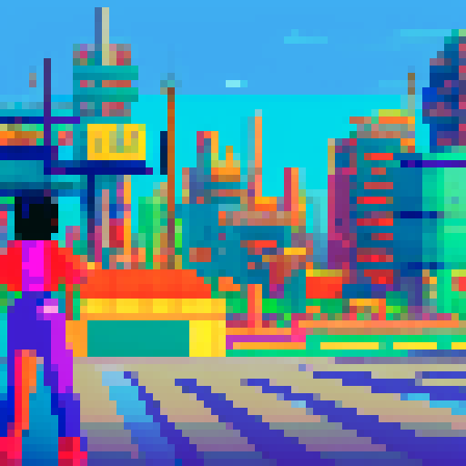 The optimistic future in the background to the right with bright colors and technology, with decaying factories in the foreground to the left with a person on the left side staring off at the future, with the back of their head to the audience.