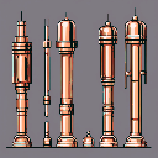 I want a tall vertical copper structure reminiscent of a organ pipe. It should have strange mechanical details that could interlock with each other. I also want this object usable an asset in a videogame, meaning only one object per image, outlined with a strong black stroke, on a solid-color background.