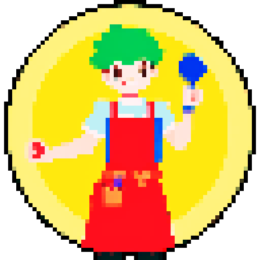 Cute, vibrant, playful chef, apron, juggling utensils, pixel art, colorful, solid background, sRGB