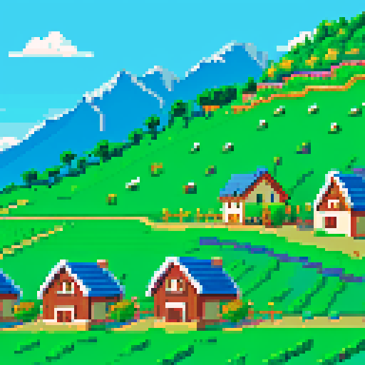 pixel art mountain ridge with snow-capped peaks, quaint houses nestled in the valley, rows of grapevines stretching towards the horizon, vibrant green fields, blooming flowers, soft sunlight casting warm hues on the landscape