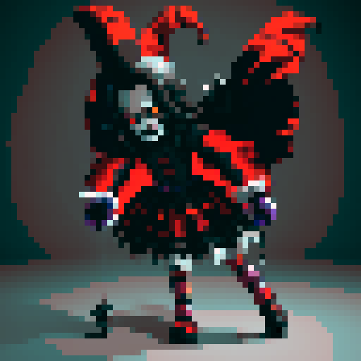 evil jester puppet, dark and twisted, vividly colored, with a mischievous grin, in a mystical, gothic castle