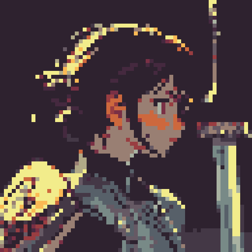 knight in armor, sword and shield, oblique side view, golden "V" embossed shield, brown hair, no helmet, game icon, 32x32 pixel art