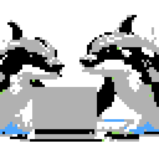 killer whales typing on a laptop, glitchy pixel art, vibrant sRGB colors