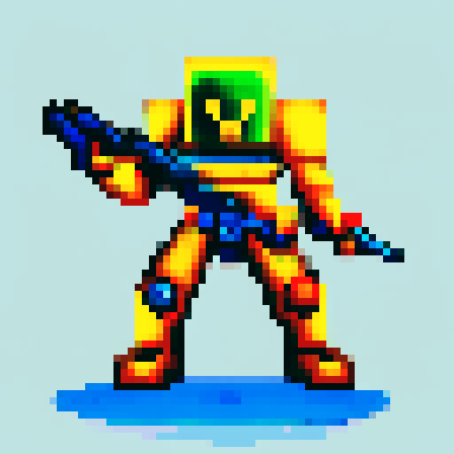 Space marine pixel character, laser rifle and futuristic helmet, galactic colors, full body, 64x64 pixel art size