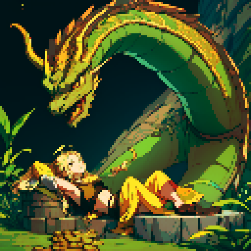 dragon, hoard of gold coins, cavern, dragon laying on pile of gold coins, dragon lounging