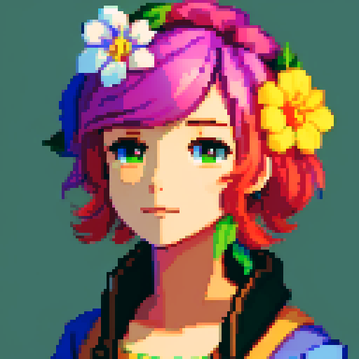 stardew valley inspired, female character, vibrant colors, pixelated style, rural farm setting, blooming flowers, vintage clothing