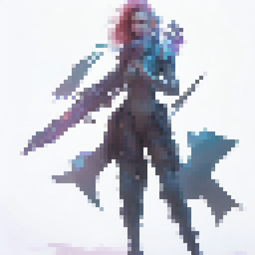 "Isometric view of a fierce Lass from Grand Chase Dimensional Chaser, wielding two glowing swords amidst a chaotic battlefield with smoke and debris scattered around her, while her red hair flows in the wind and her eyes glow with determination."