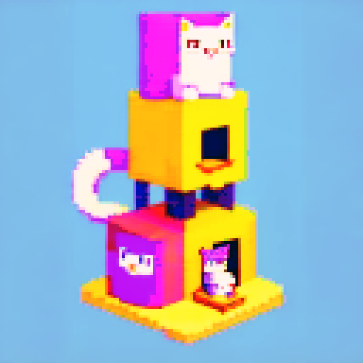 cat tower, multiple cats, pixel art, 2 dimensional