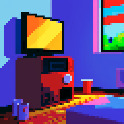 n64 game console, cozy room, cabin on screen, "start", red solo cup, pixel art, sRGB