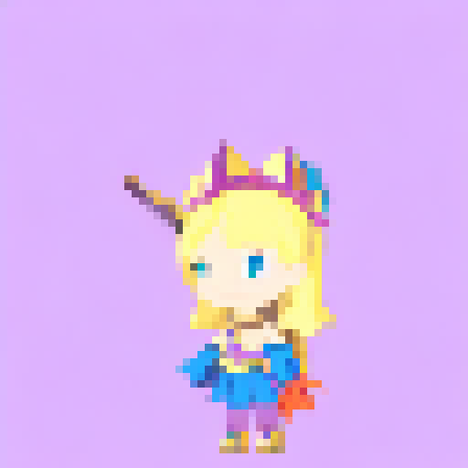 Regal princess with flowing golden hair, adorned in ornate armor, wielding a enchanted sword, standing atop a mountain peak overlooking a sprawling kingdom.