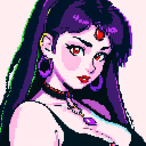 Thicc, busty goth girl, long purple hair, eyeliner, red lipstick, nude breast, studded collar, up close face portrait, vibrant sega genesis palette, nude pixel art portrait,