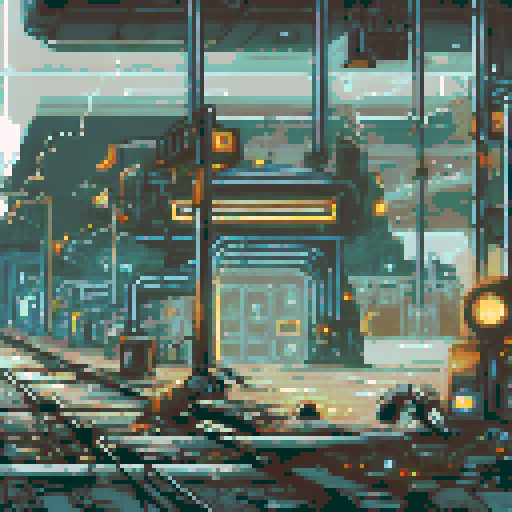 Run-down, apocalyptic atmosphere with dilapidated machinery and sparks flying in a pixel art, sRGB, background landscape of a Futuristic robot factory Towering metal structures and cracked concrete floors create an eerie ambiance, illuminated by flickering neon lights Rusty conveyor belts and broken windows reveal shattered glass, while discarded robot parts lie among overgrown vines Eerie shadows dance across abandoned control panels, with parallax effects adding depth to the scene