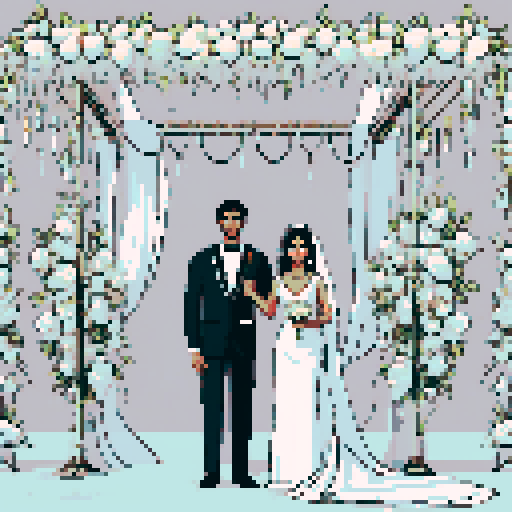 bride with fair skin, black hair, and tall stature, groom with ethnic features, both under white cloth chuppah, at a Jewish wedding, against a black background, in a flat color, pixel art style, emphasizing sRGB