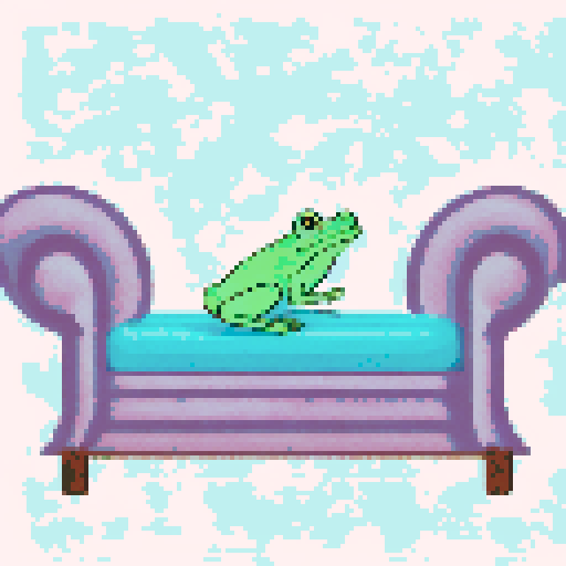 In the cozy ambiance of a dimly lit room, a small, jovial frog perches comfortably upon a plush couch chair, its diminutive size emphasized by the vastness of the furniture. The flickering flames of a nearby fireplace cast a warm glow, enveloping the space in a soft, golden light, creating an atmosphere of comfort and relaxation. With a mug clasped delicately between its tiny webbed fingers, the contented frog takes a sip of steaming coffee, its expression reflecting pure bliss.