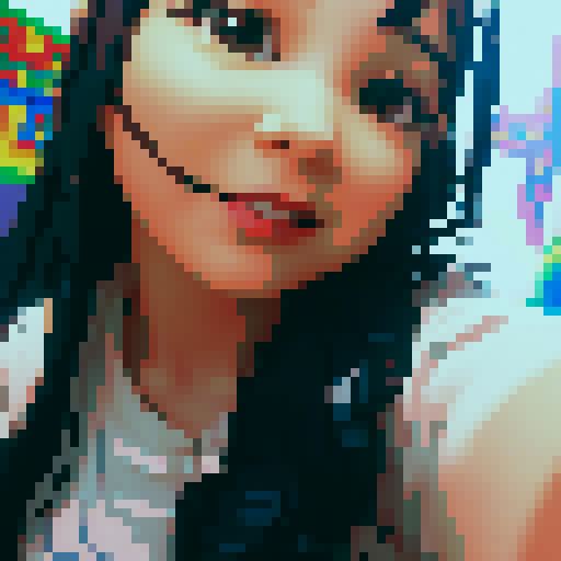 young girl with vibrant, flowing hair, wearing a retro pixel art dress in sRGB colors, posing in a selfie picture with a background of pixelated landscapes and a bright, pixelated sun