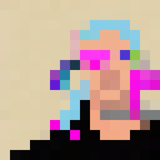 Neon-lit cyberpunk portrait with vibrant hues of electric blue, hot pink, and acid green in a 16x16 pixel art style.