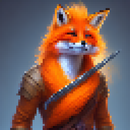 Orange fox warrior with a fiery mane, wielding a glowing sword, no background. 