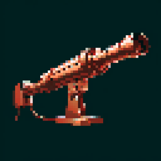 I want a copper minigun viewed from from the side. I want this object usable an asset in a videogame, meaning only one object per image, outlined with a strong black stroke, on a solid-color background.