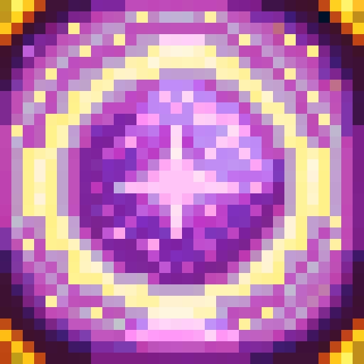 Shimmering golden mini star with pointed edges, surrounded by twinkling purple and blue galaxy background, rendered in 32x32 pixel art with skillful shading and intricate details for a captivating game icon close-up portrait