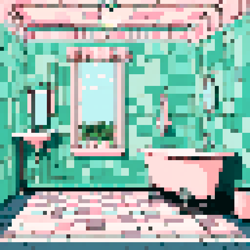 ceramic sink, vintage clawfoot tub, mosaic tiled floor, retro chrome faucet, pastel colored towels, frosted glass window, checkerboard patterned wallpaper, potted fern, stained glass mirror, art deco light fixture