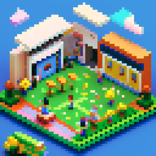 Primary school corridor, vibrant lockers, playful schoolkids, pixelated artwork, colorful backpacks, chalkboard drawings, cartoonish characters, pixelated alphabet posters, joyful laughter, hopscotch patterns, retro video game references, pixel art mural, crayon scribbles, geometric shapes, 8-bit graphics, bright neon colors, retro computer icons, retro arcade machines, pixelated school uniforms, blocky textures, nostalgic atmosphere, pixelated school supplies