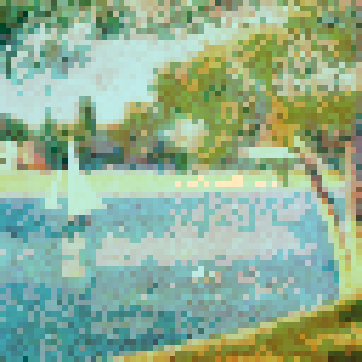 A serene riverside scene. A sailboat with a white sail floats gently on the river, while a lone individual rows a small boat in the
foreground. On the left, a large tree with dense foliage stands tall, casting a shadow over the water. In the background, a line of trees and a building can be seen, suggesting a distant shoreline or town. The entire scene is bathed in a soft, pastel hue, giving it a dreamy and tranquil ambiance.
Mimic Georges Seurat’s pointillist technique