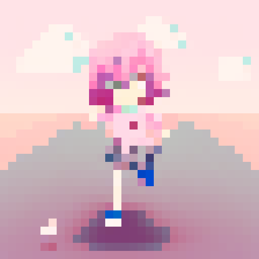 anime girl, pink hair, running with vibrant, pixelated surroundings and a trail of pixelated cherry blossom petals trailing behind