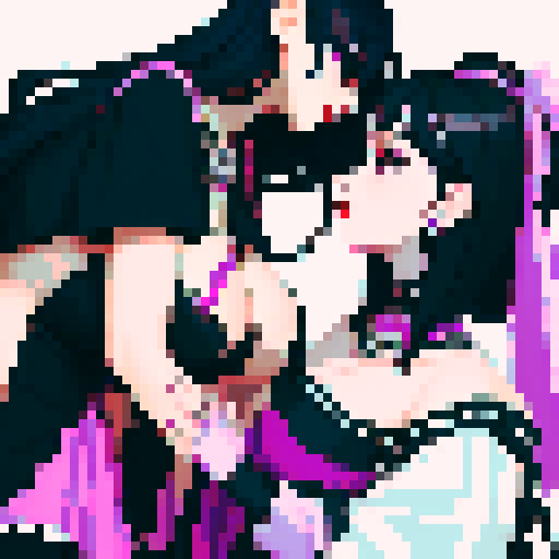 curvy, cute goth girls with black hair, purple eyeshadow, and red lipstick, in love, kissing, embracing each other, pixel art style, sRGB