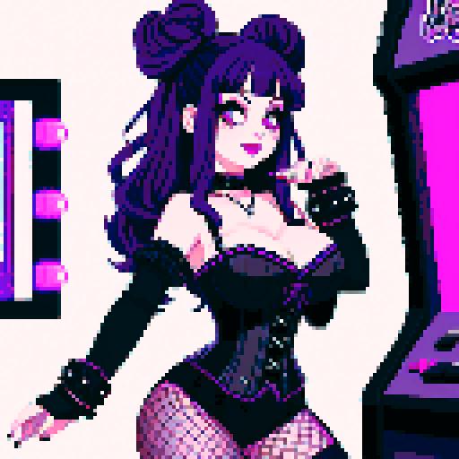 Curvy cute busty goth girl with purple long hair in buns, dark smoky eyes, goth eyeshadow, black studded choker, corset, fishnet stockings, retro arcade game machines, vibrant sRGB colors, pixel art