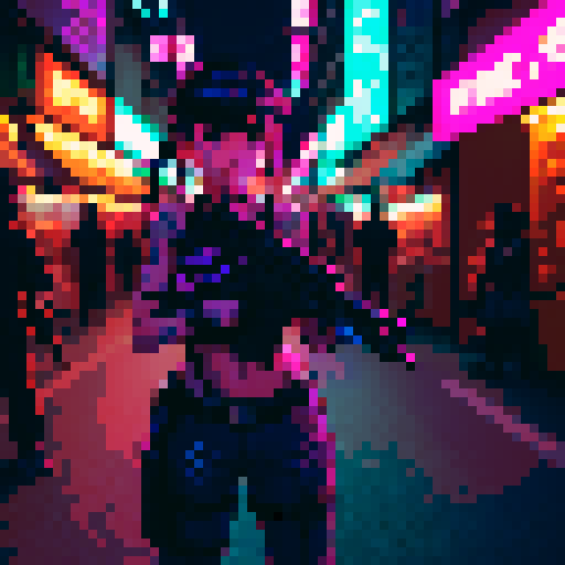 Street merchant assassin girl, neon-lit night market, slicked-back hair, pixelated sniper rifle, fluorescent tattoos, sRGB glow, bustling crowds.
