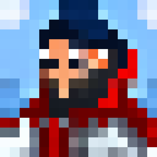 Thor, wielding Mjolnir, stands atop a thundercloud with lightning bolts striking behind him, his muscular frame adorned in chainmail armor and a red cape billowing in the wind, all captured in a retro 16x16 pixel portrait.