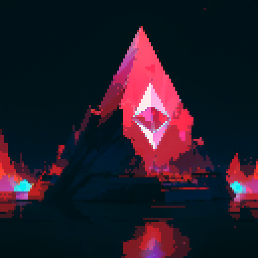 Ethereum logo, vibrant colors, geometric shapes, retro, 8-bit, blocky, low resolution, pixelated, digital, abstract, symmetrical, clean lines, sharp edges, dynamic, popping, eye-catching, neon hues
