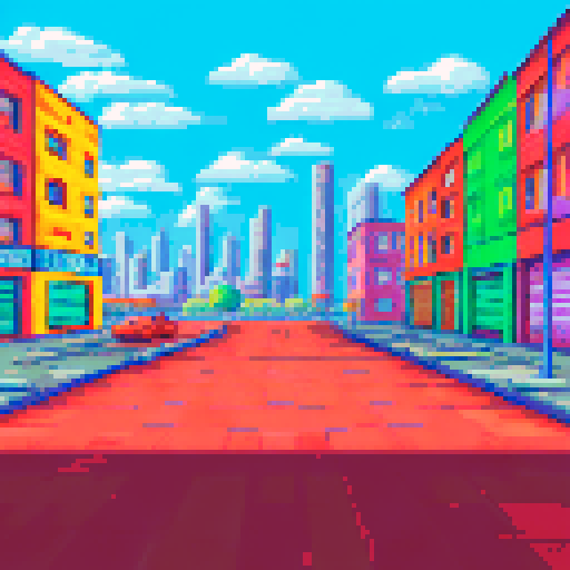 Empty parking lot with cracked asphalt, surrounded by brightly colored houses and tall buildings, with a sprawling map of the city in the background, all rendered in vibrant pixel art, large area