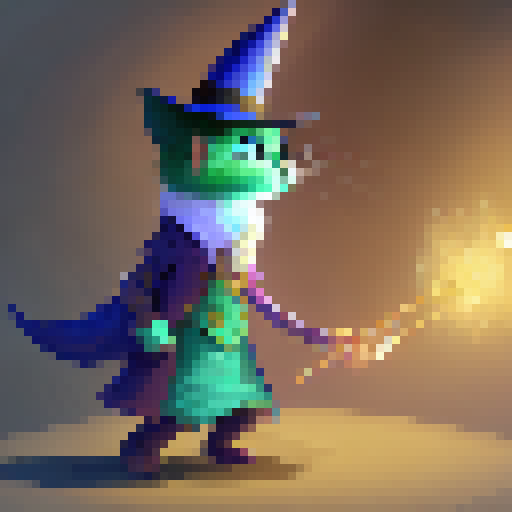 Magician cat with a sparkly magic wand and a magician hat, casting a spell in a fun and cartoony fantasy RPG style.