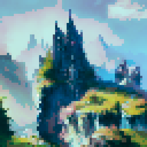 Gothic spires, misty mountaintops, and cascading waterfalls surround the towering castle in this stunning landscape portrait.