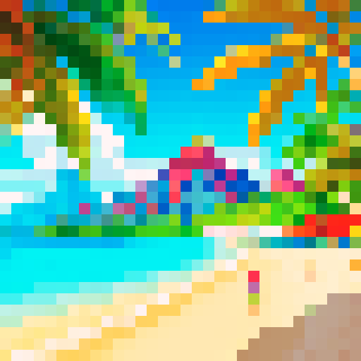 Vibrant palm trees, crystal clear turquoise waters, golden sandy beaches, cascading waterfalls, towering volcanic mountains, colorful coral reefs, charming beach huts, tropical fruits, flaming sunsets