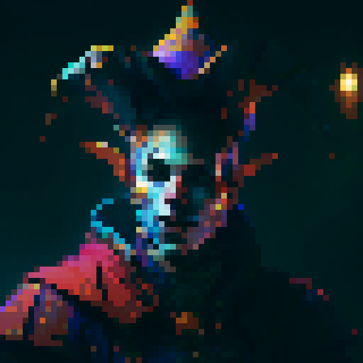 jester, vibrant colors, elaborate costume, mischievous expression, medieval backdrop