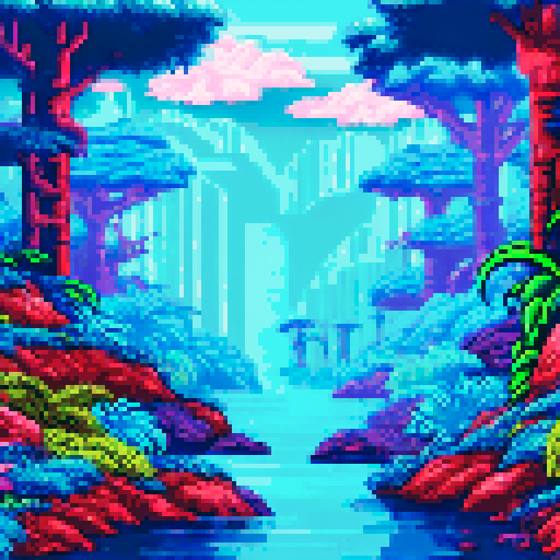 Deep inside jungle, towering ancient trees, lush ferns, vibrant flowers, misty atmosphere, mysterious shadows, sunlight filtering through dense foliage, exotic wildlife, colorful parrots, slithering snakes, hidden waterfalls, serene river, moss-covered rocks, pixelated leaves, sRGB color palette, pixel art style, detailed background, immersive landscape