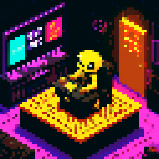 cute scorpion playing computer games in a cyberpunk room with cola and potato chips