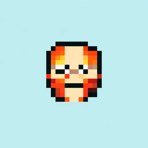 devil, pixel art, sRGB, fiery red skin, sharp fangs, glowing yellow eyes, horns, smoky black background, jagged flames, sinister grin